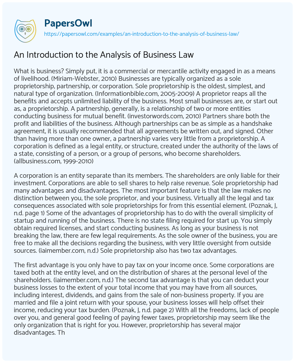Essay on An Introduction to the Analysis of Business Law