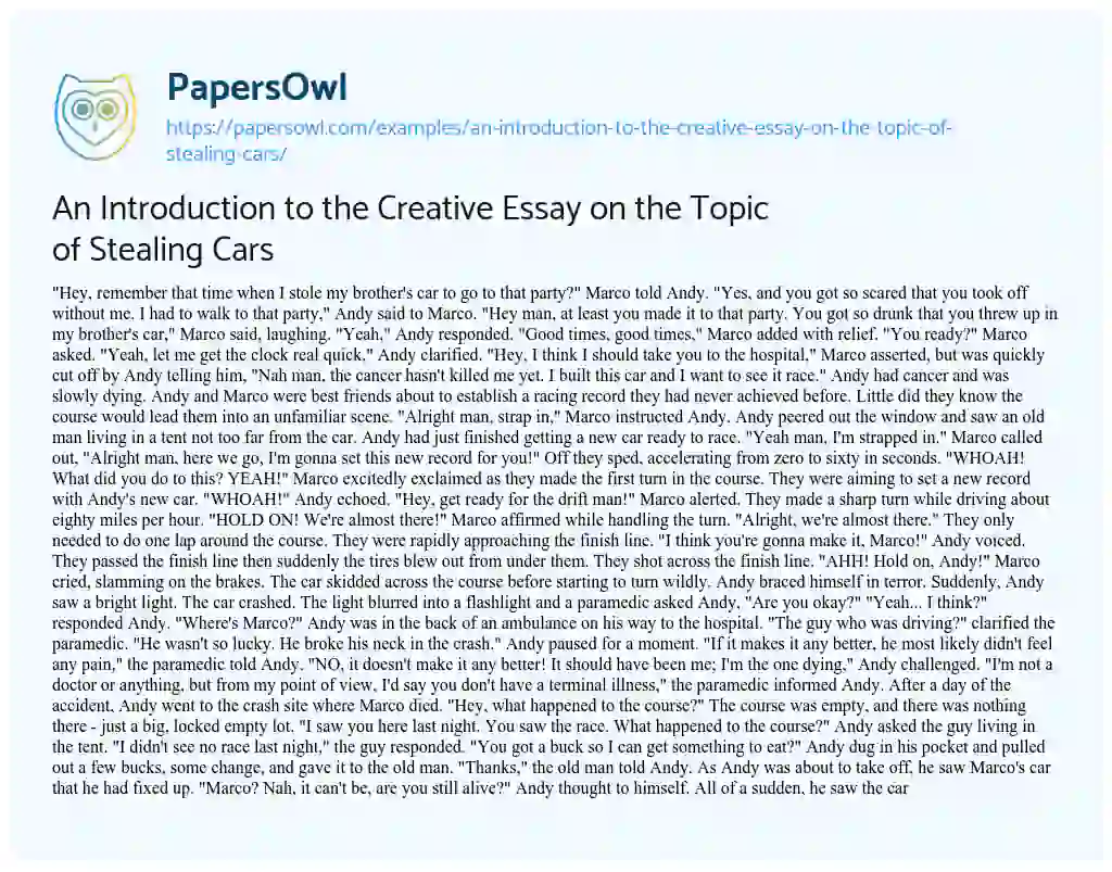 Essay on An Introduction to the Creative Essay on the Topic of Stealing Cars