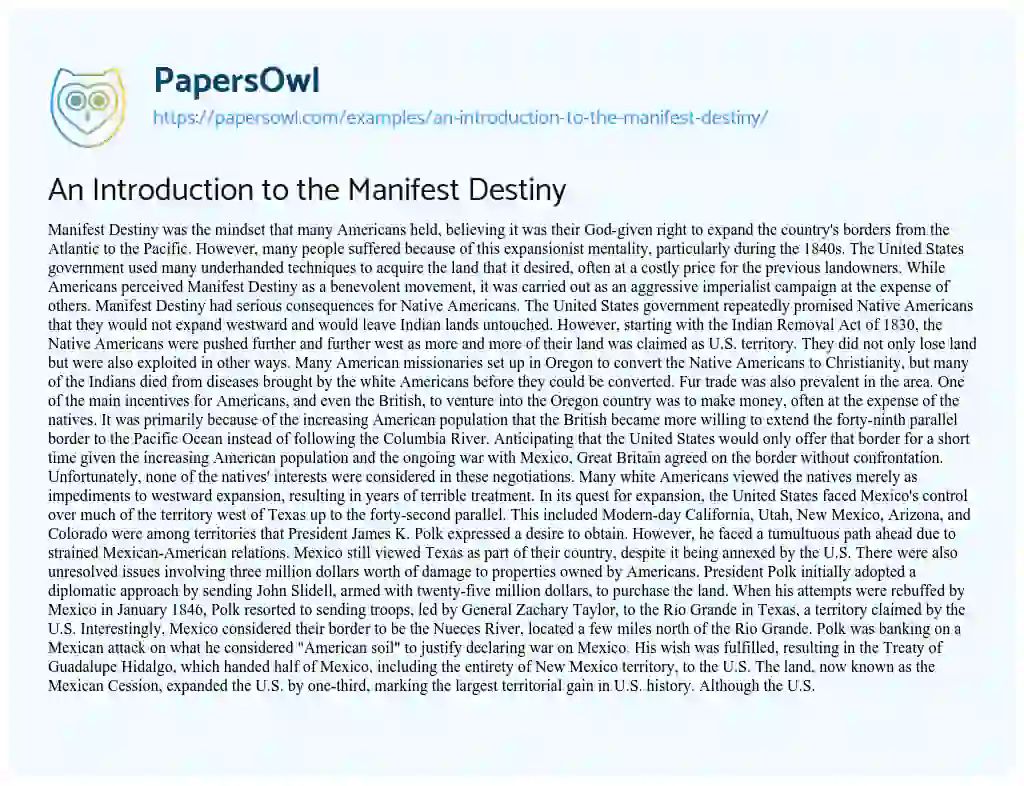 Essay on An Introduction to the Manifest Destiny