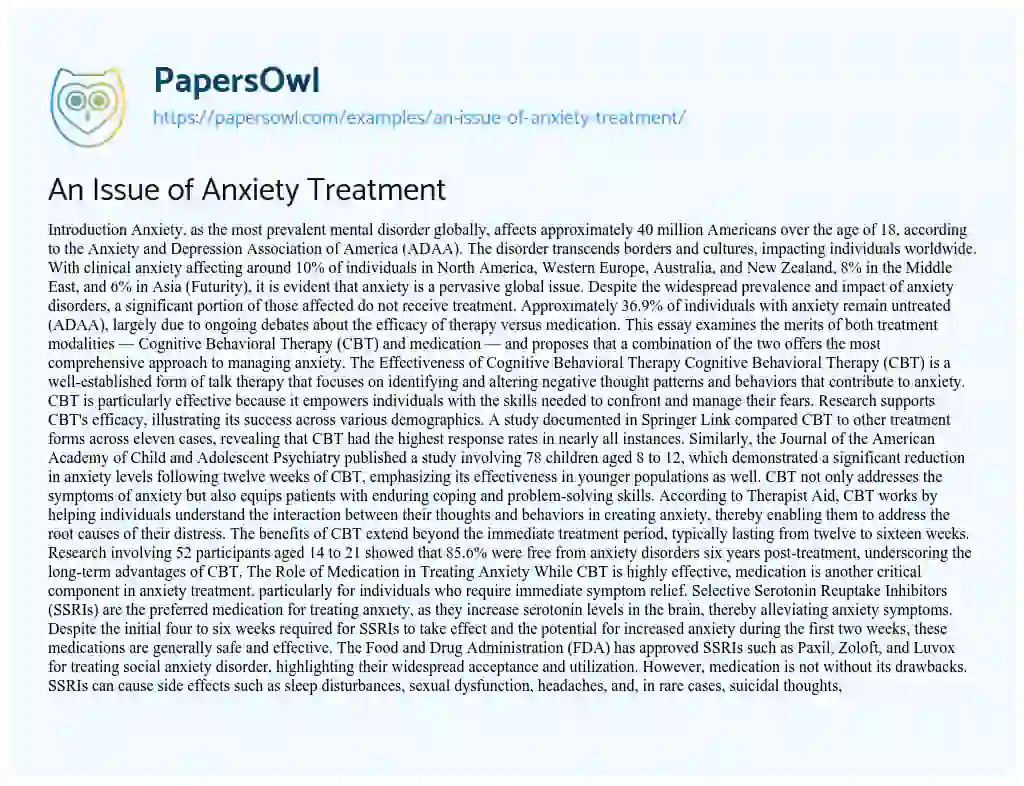 Essay on An Issue of Anxiety Treatment