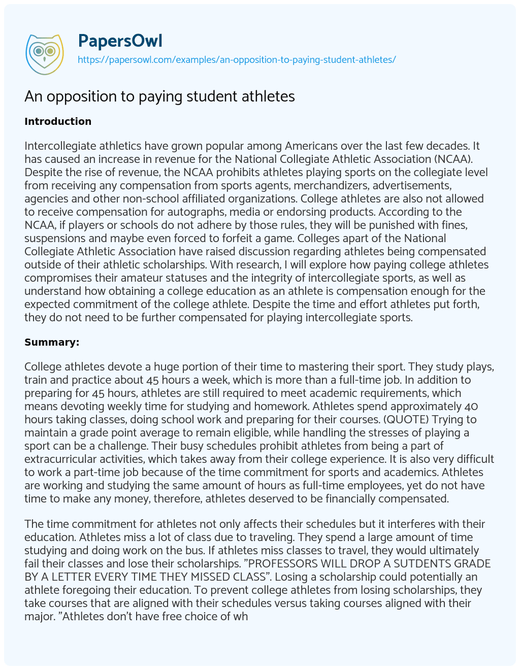 Essay on An Opposition to Paying Student Athletes