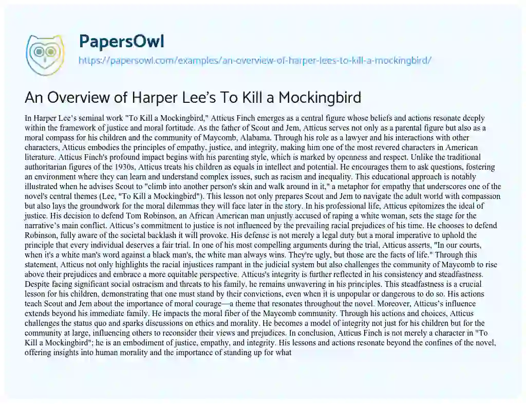 Essay on An Overview of Harper Lee’s to Kill a Mockingbird