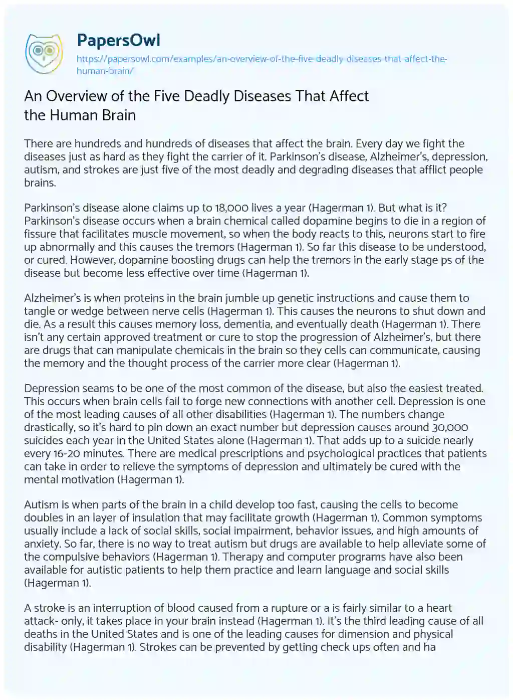 Essay on An Overview of the Five Deadly Diseases that Affect the Human Brain