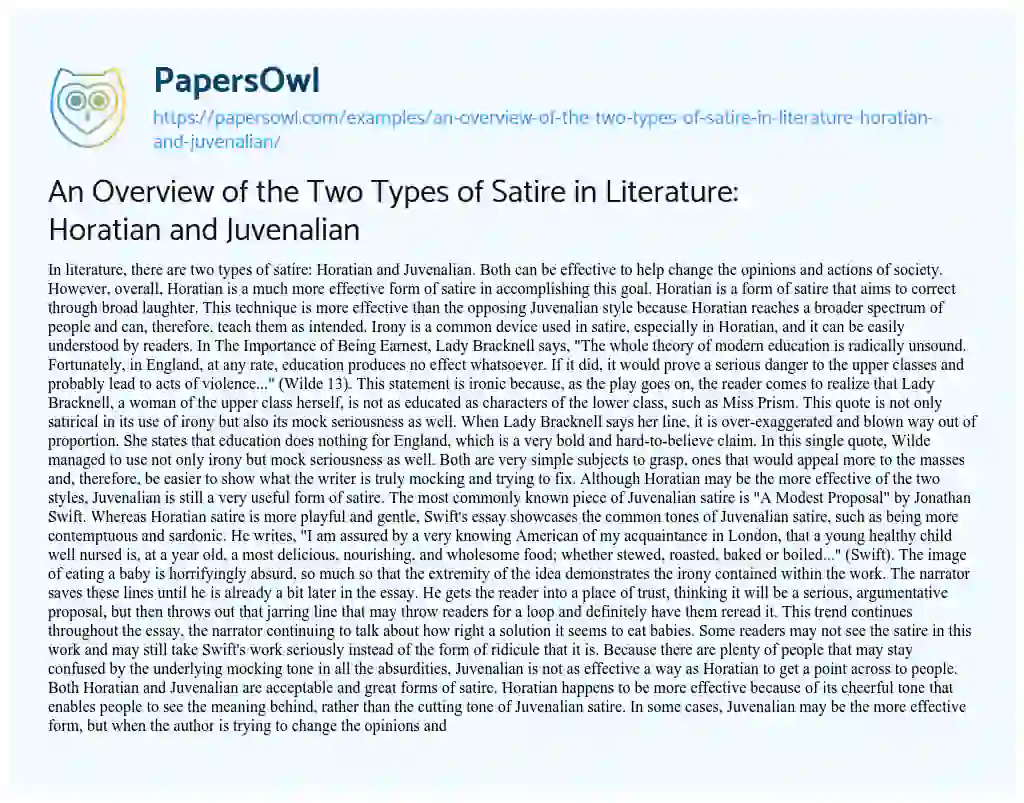 Essay on An Overview of the Two Types of Satire in Literature: Horatian and Juvenalian