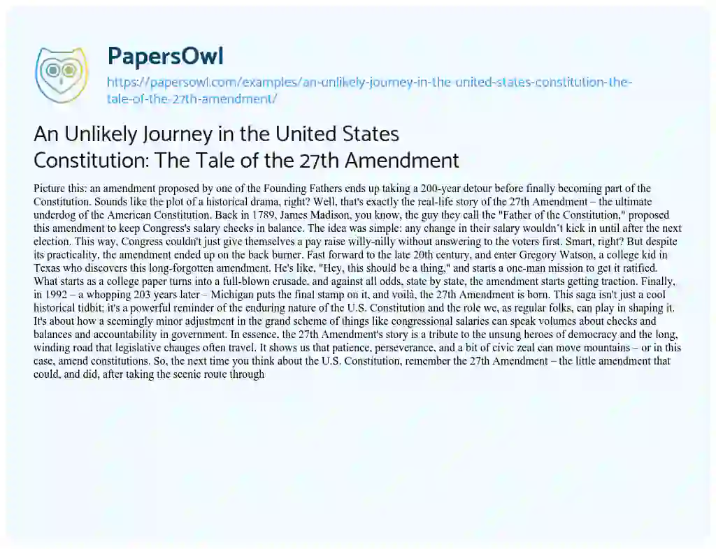 Essay on An Unlikely Journey in the United States Constitution: the Tale of the 27th Amendment