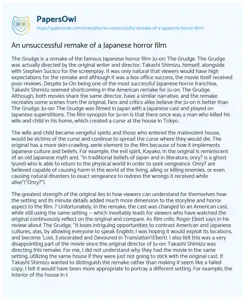 Essay on An Unsuccessful Remake of a Japanese Horror Film