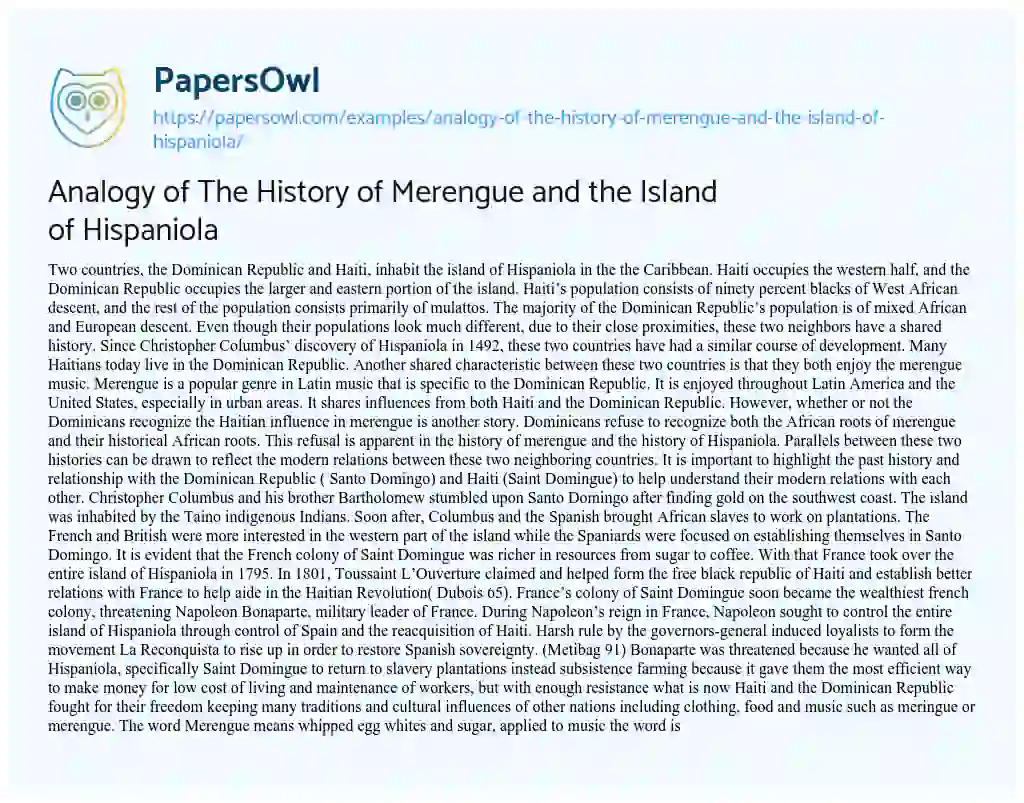 Essay on Analogy of the History of Merengue and the Island of Hispaniola