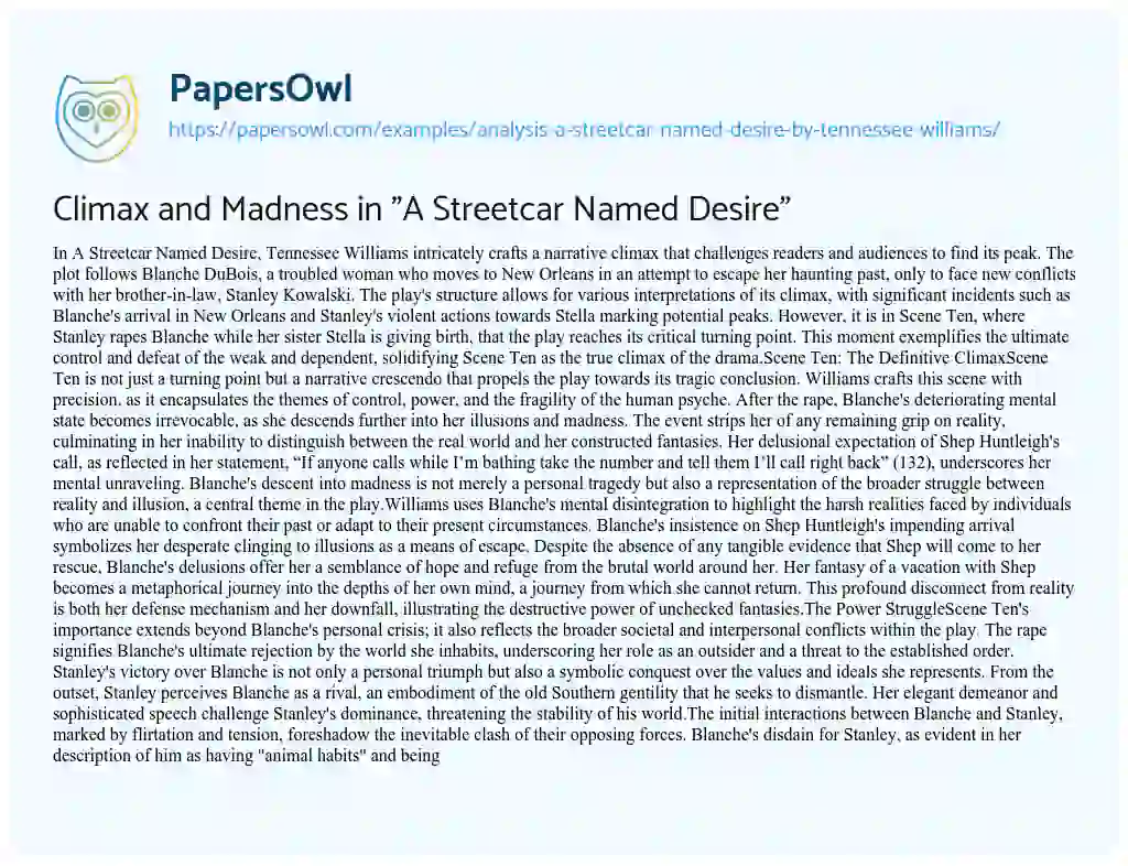 Essay on Analysis “A Streetcar Named Desire” by Tennessee Williams