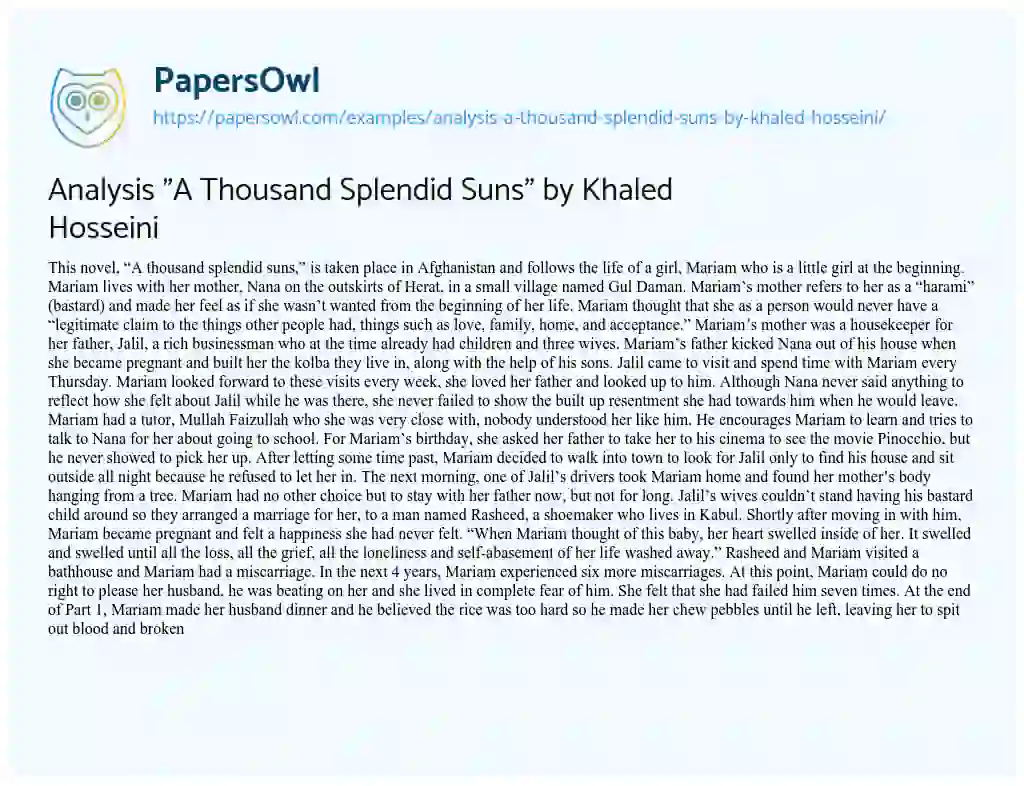 Essay on Analysis “A Thousand Splendid Suns” by Khaled Hosseini