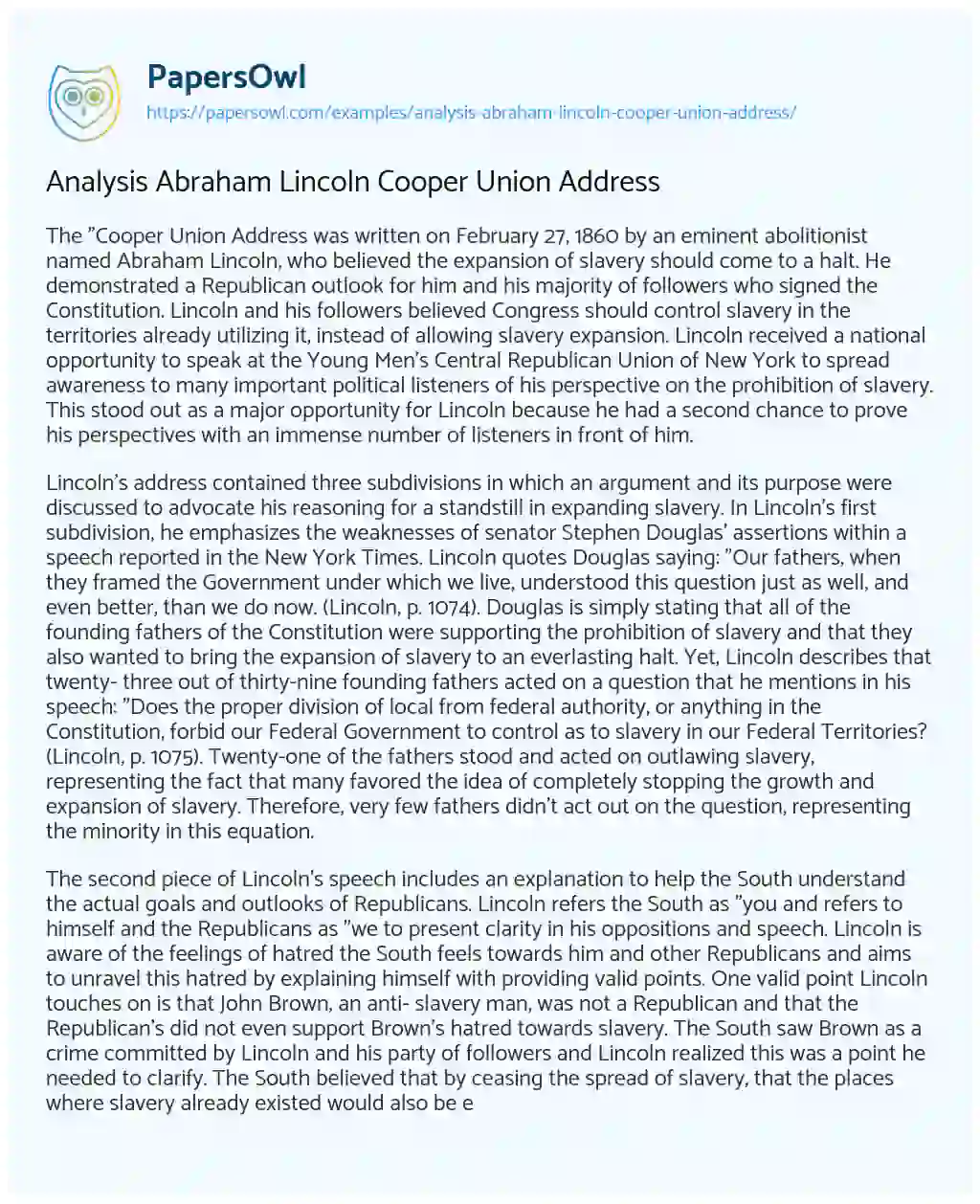 Analysis Abraham Lincoln Cooper Union Address essay