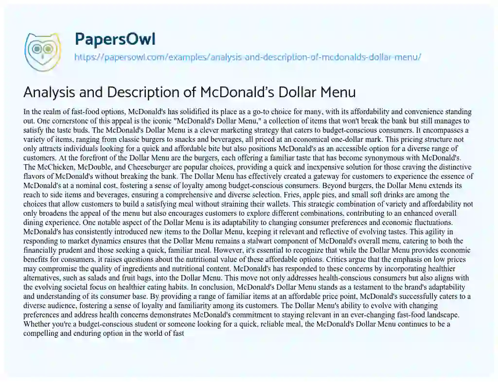 Essay on Analysis and Description of McDonald’s Dollar Menu