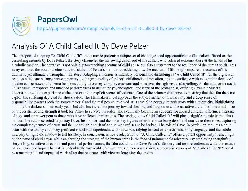 Essay on Analysis of a Child Called it by Dave Pelzer