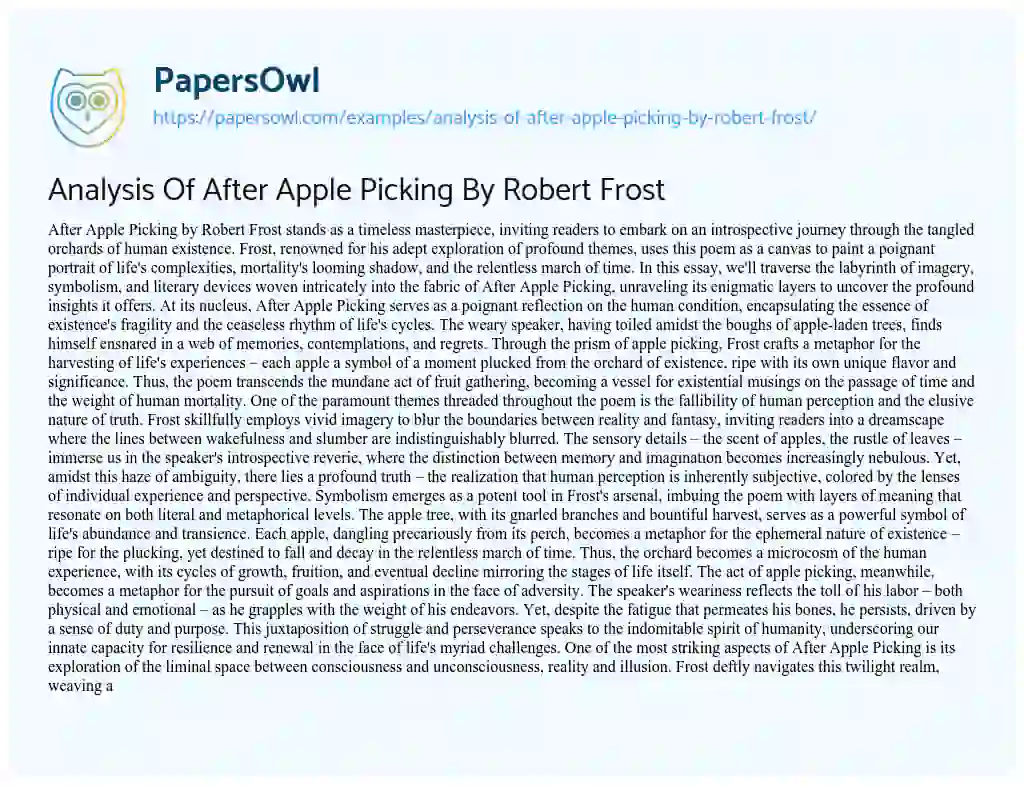 Essay on Analysis of after Apple Picking by Robert Frost