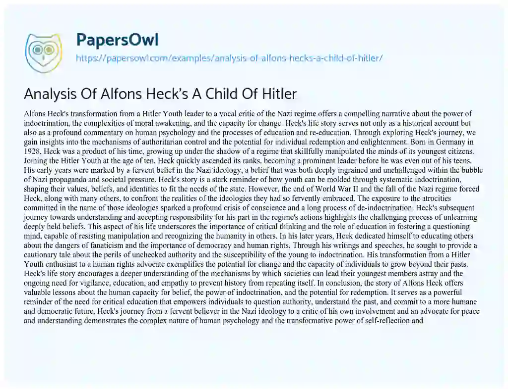 Essay on Analysis of Alfons Heck’s a Child of Hitler