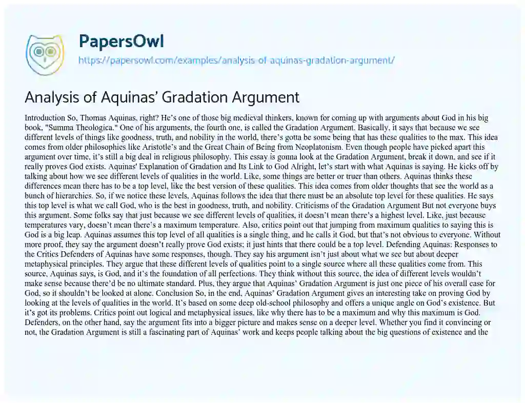 Essay on Analysis of Aquinas’ Gradation Argument