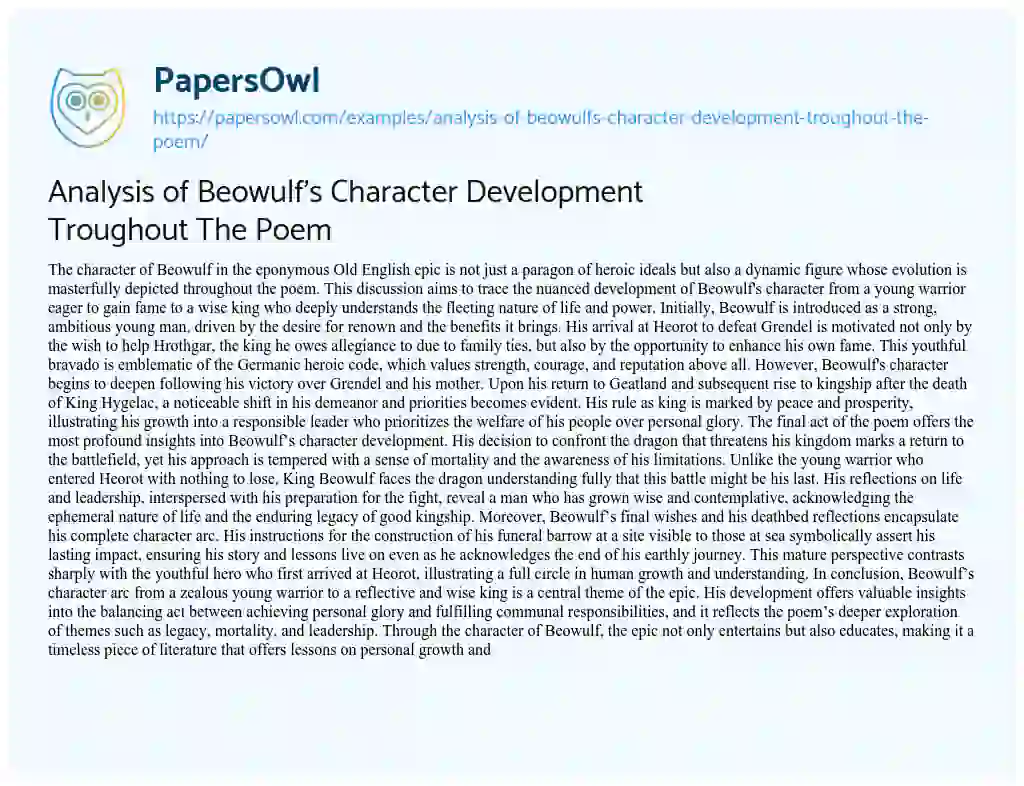 Essay on Analysis of Beowulf’s Character Development Troughout the Poem