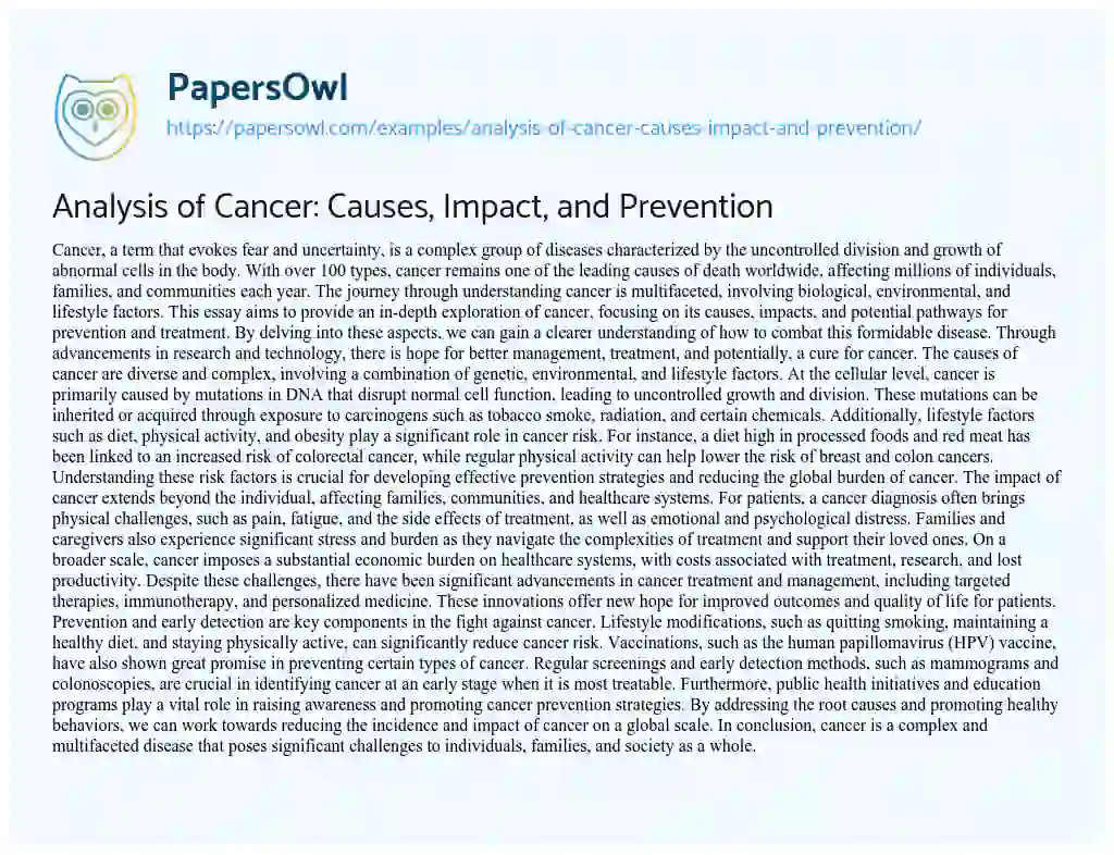Essay on Analysis of Cancer: Causes, Impact, and Prevention
