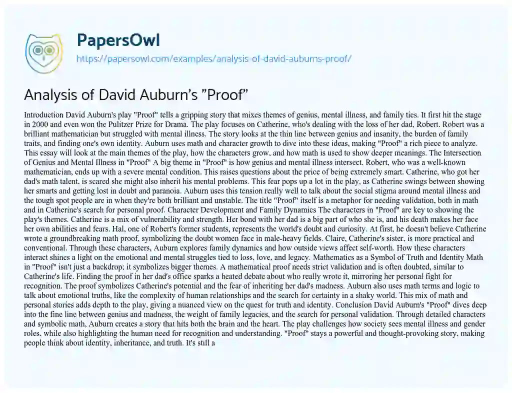 Essay on Analysis of David Auburn’s “Proof”