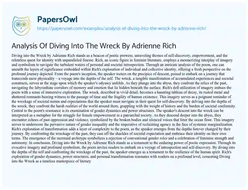 Essay on Analysis of Diving into the Wreck by Adrienne Rich