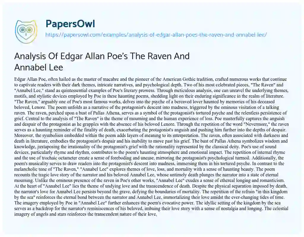 Essay on Analysis of Edgar Allan Poe’s the Raven and Annabel Lee