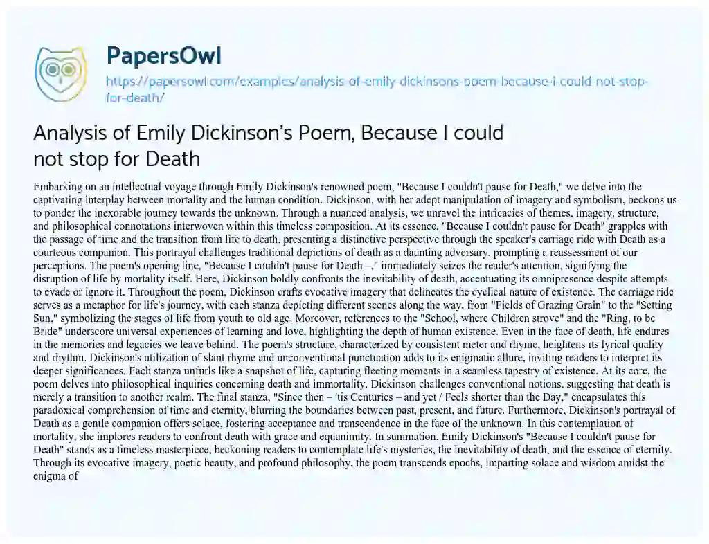 Essay on Analysis of Emily Dickinson’s Poem, because i could not Stop for Death