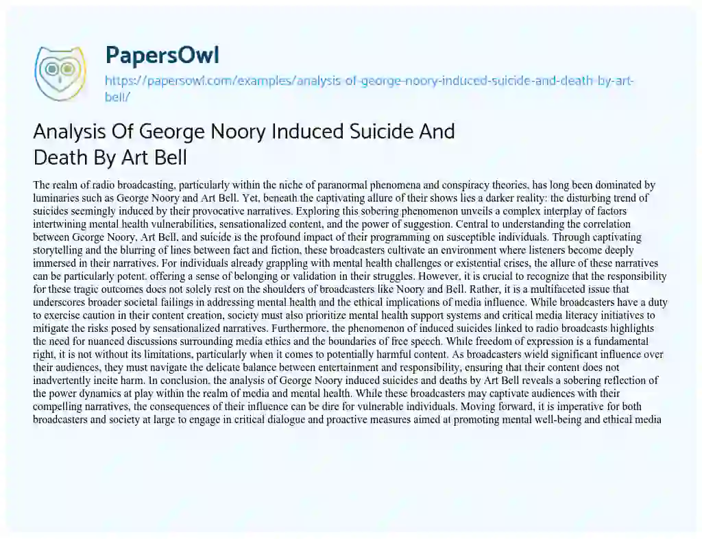 Essay on Analysis of George Noory Induced Suicide and Death by Art Bell
