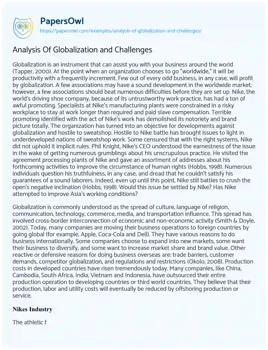 Essay on Analysis of Globalization and Challenges