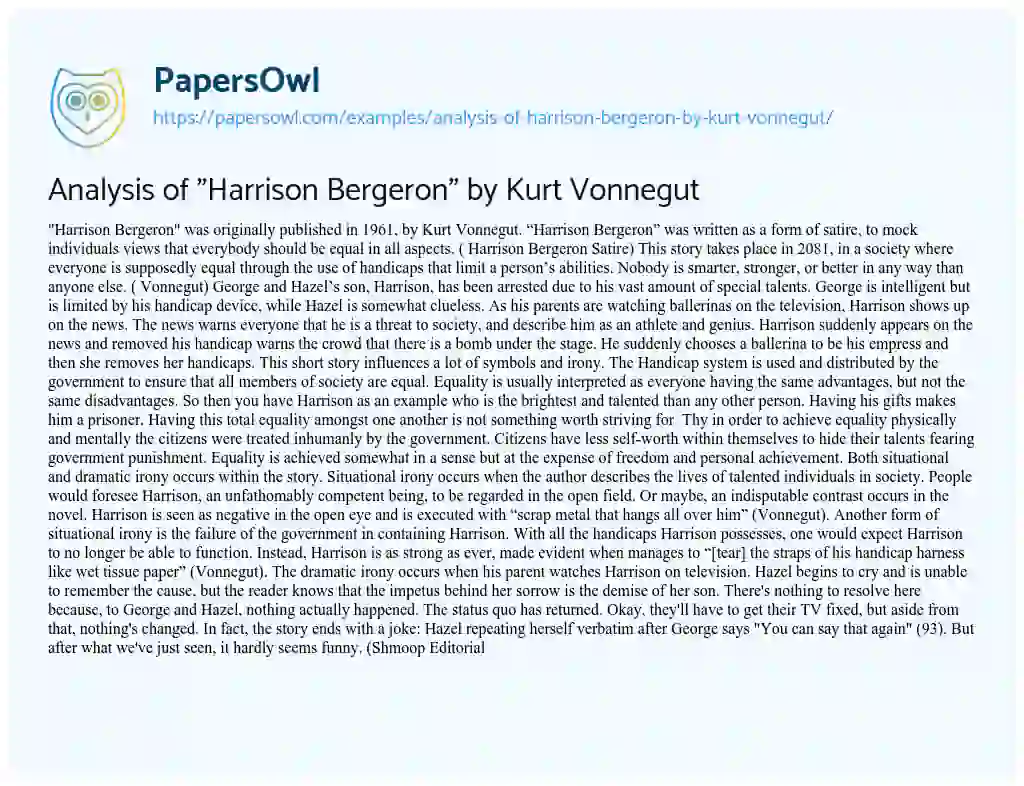 Essay on Analysis of “Harrison Bergeron” by Kurt Vonnegut