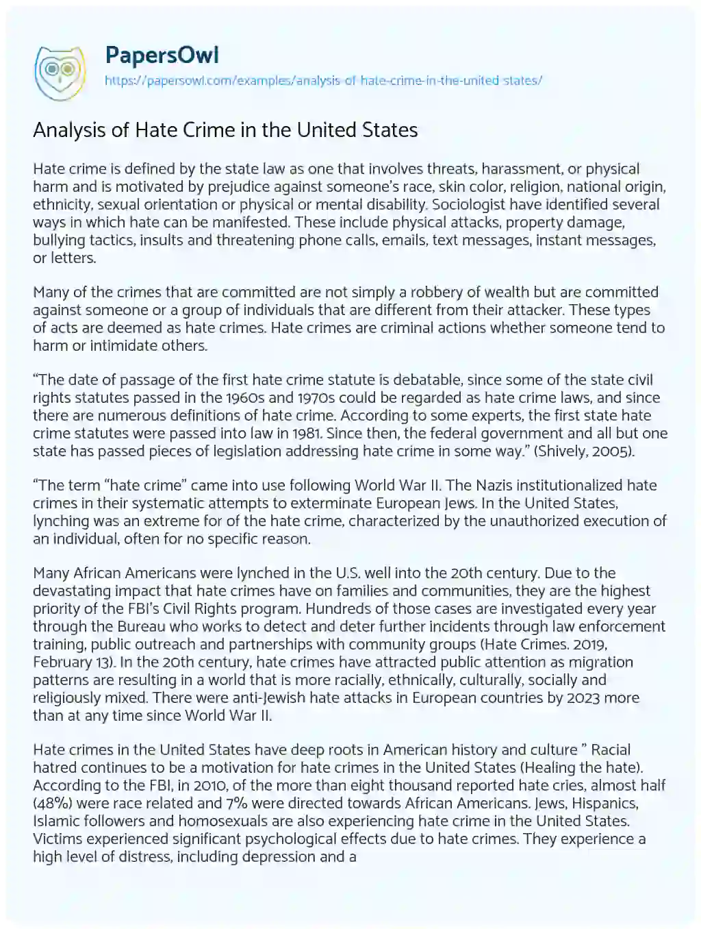 Essay on Analysis of Hate Crime in the United States