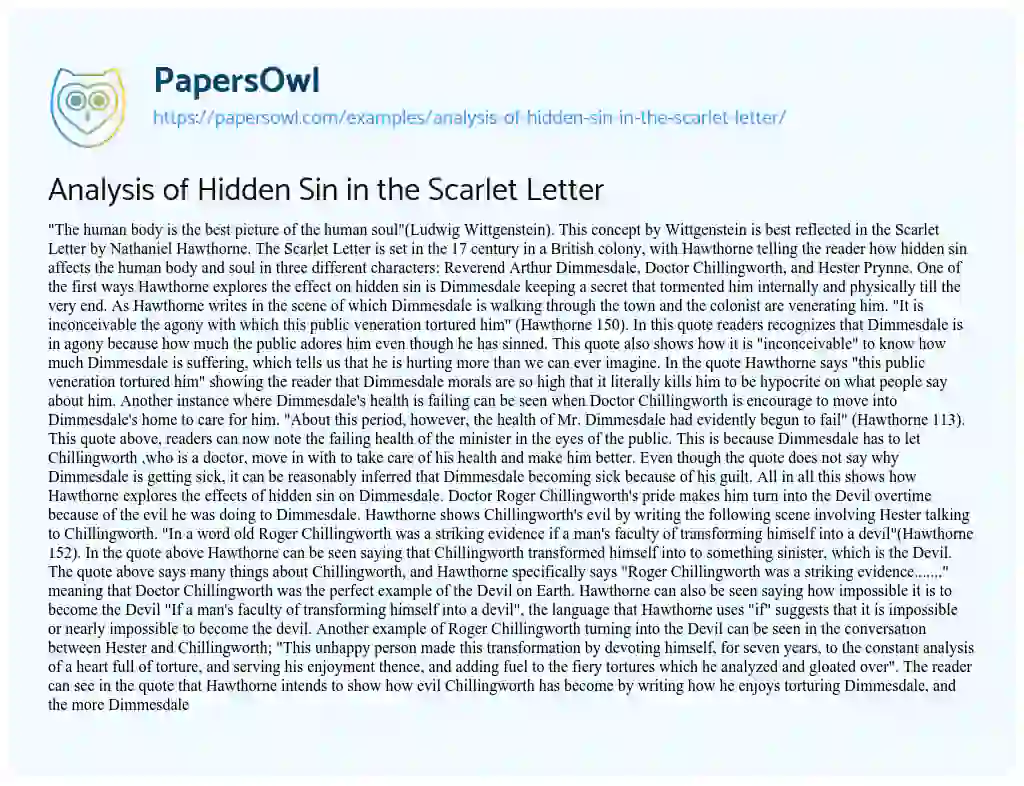 Essay on Analysis of Hidden Sin in the Scarlet Letter