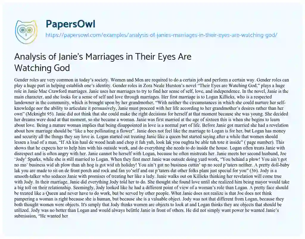 Essay on Analysis of Janie’s Marriages in their Eyes are Watching God