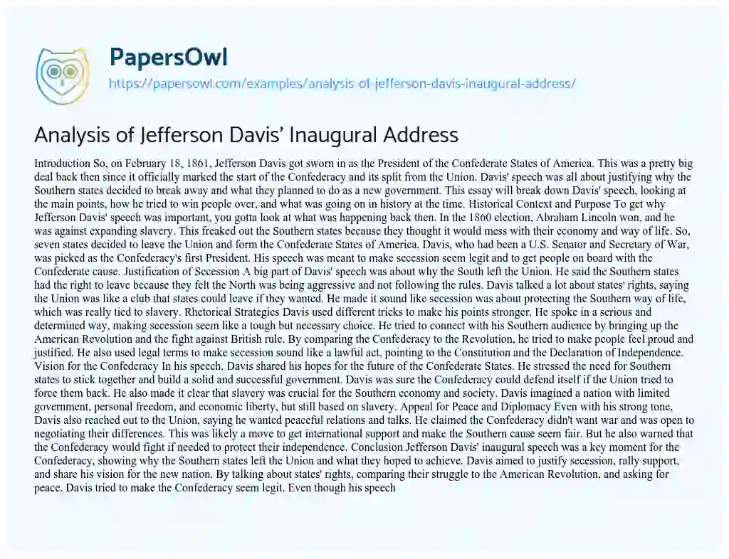 Essay on Analysis of Jefferson Davis’ Inaugural Address