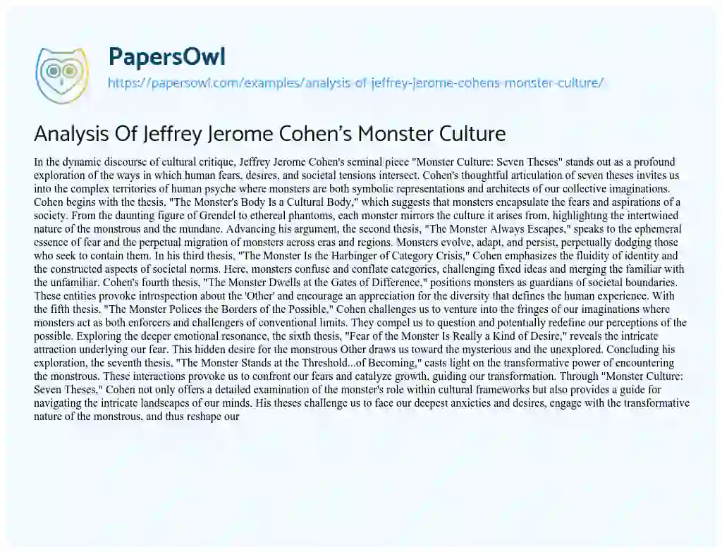 Essay on Analysis of Jeffrey Jerome Cohen’s Monster Culture