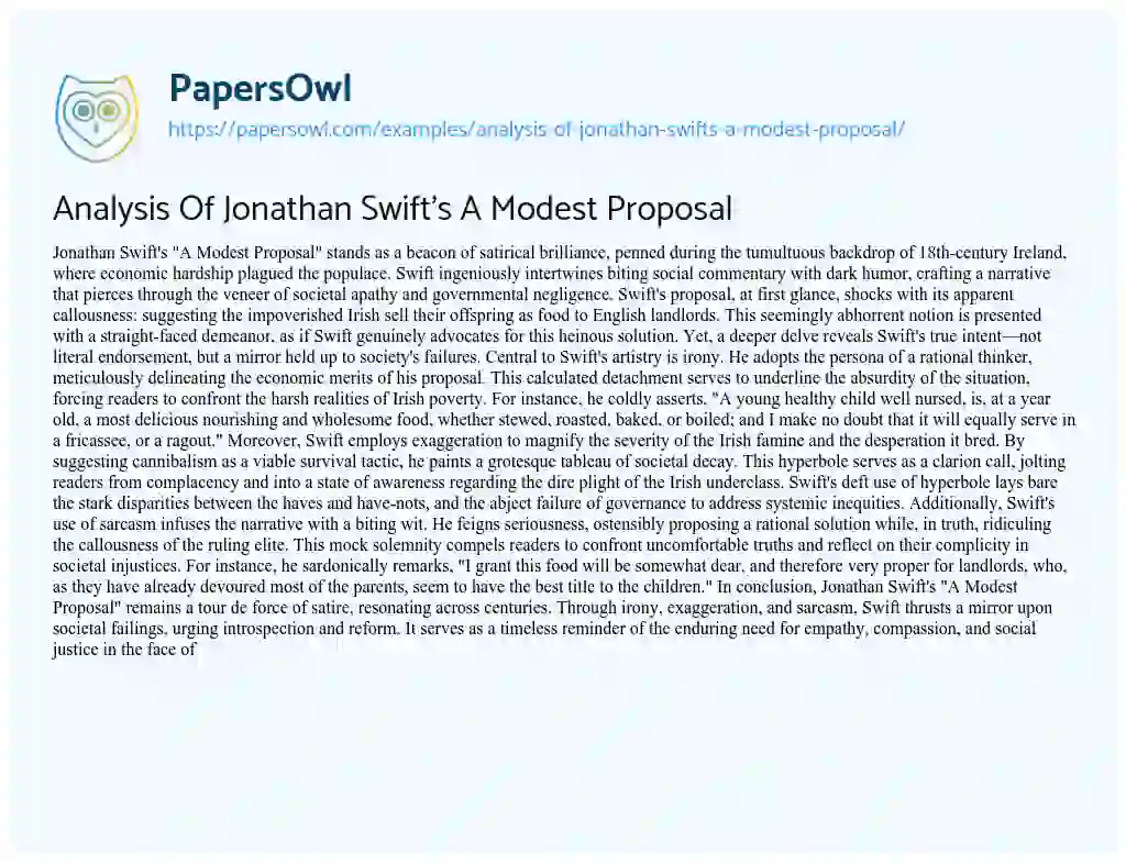 Essay on Analysis of Jonathan Swift’s a Modest Proposal
