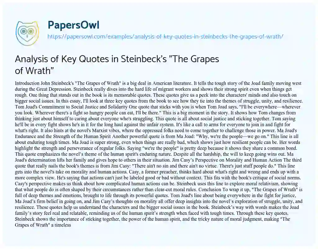 Essay on Analysis of Key Quotes in Steinbeck’s “The Grapes of Wrath”