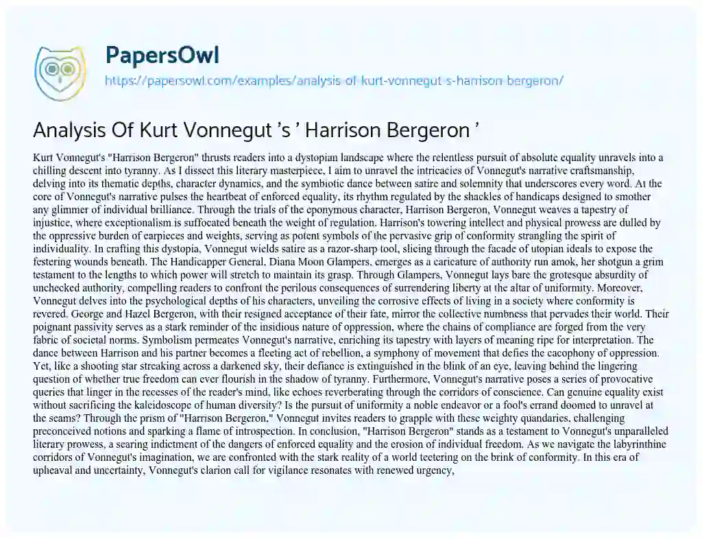 Essay on Analysis of Kurt Vonnegut ‘s ‘ Harrison Bergeron ‘