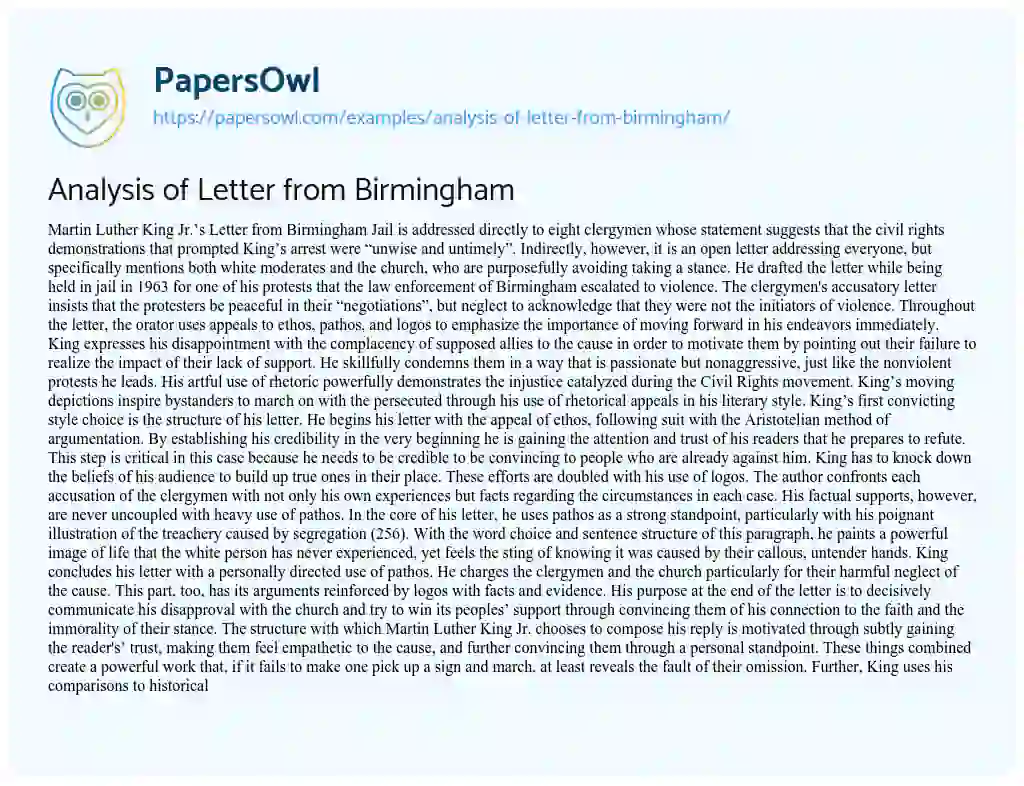 Analysis of Letter from Birmingham essay
