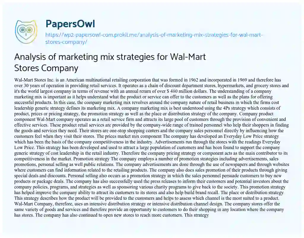 Essay on Analysis of Marketing Mix Strategies for Wal-Mart Stores Company