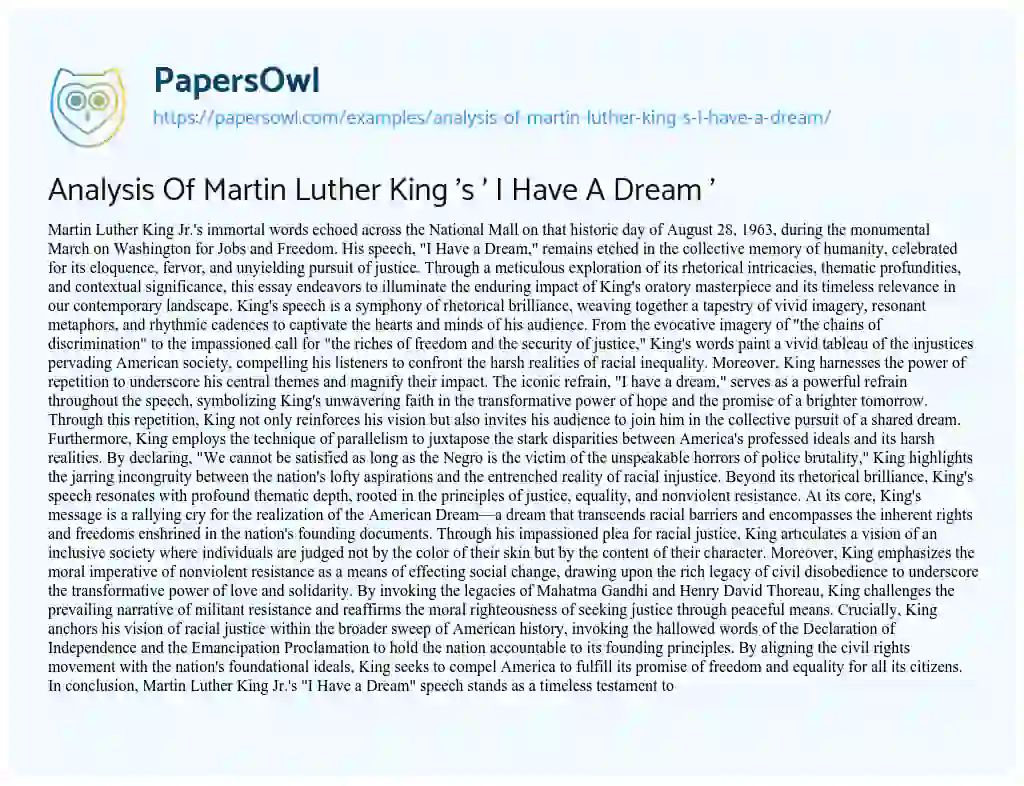 Essay on Analysis of Martin Luther King ‘s ‘ i have a Dream ‘