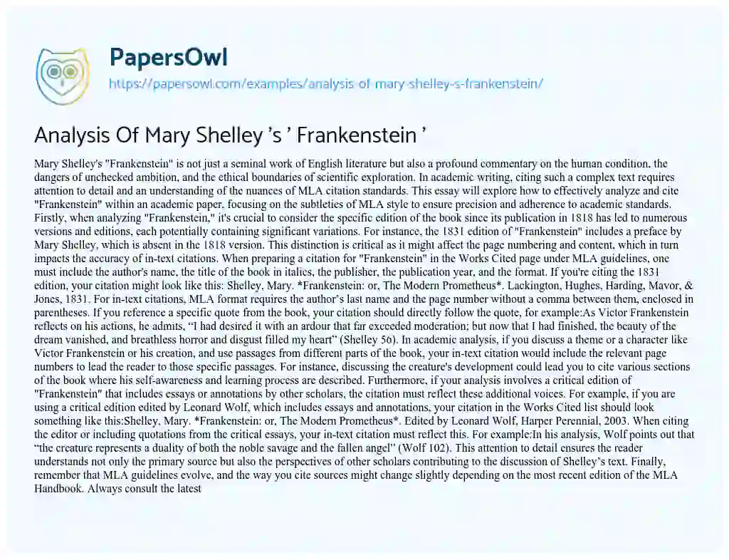 Essay on Analysis of Mary Shelley ‘s ‘ Frankenstein ‘