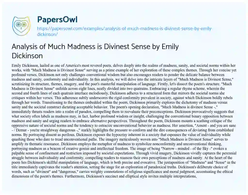 Essay on Analysis of Much Madness is Divinest Sense by Emily Dickinson