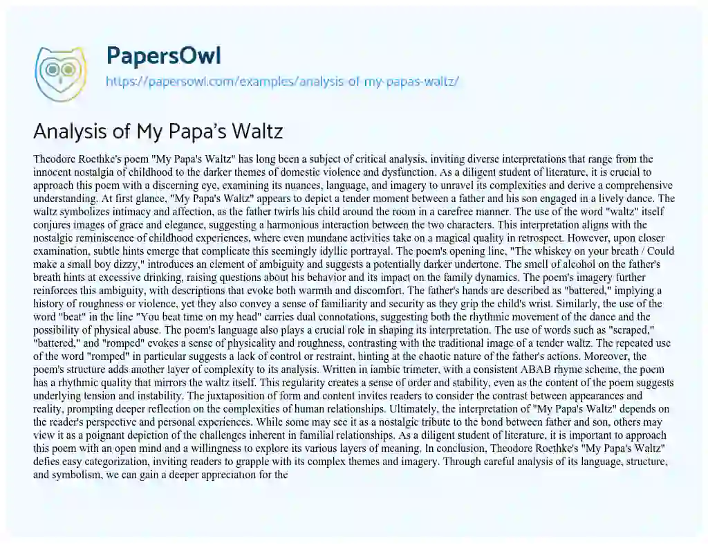Essay on Analysis of my Papa’s Waltz