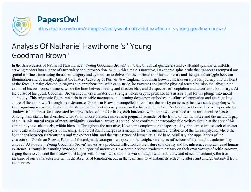 Essay on Analysis of Nathaniel Hawthorne ‘s ‘ Young Goodman Brown ‘