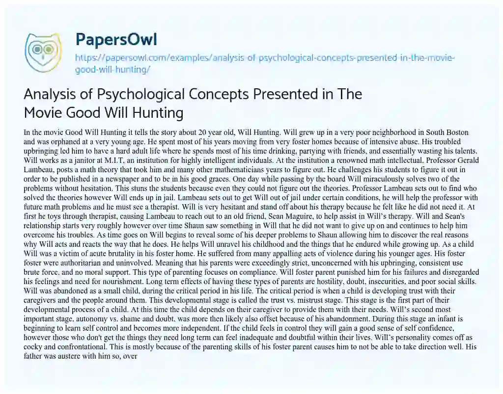 Essay on Analysis of Psychological Concepts Presented in the Movie Good Will Hunting
