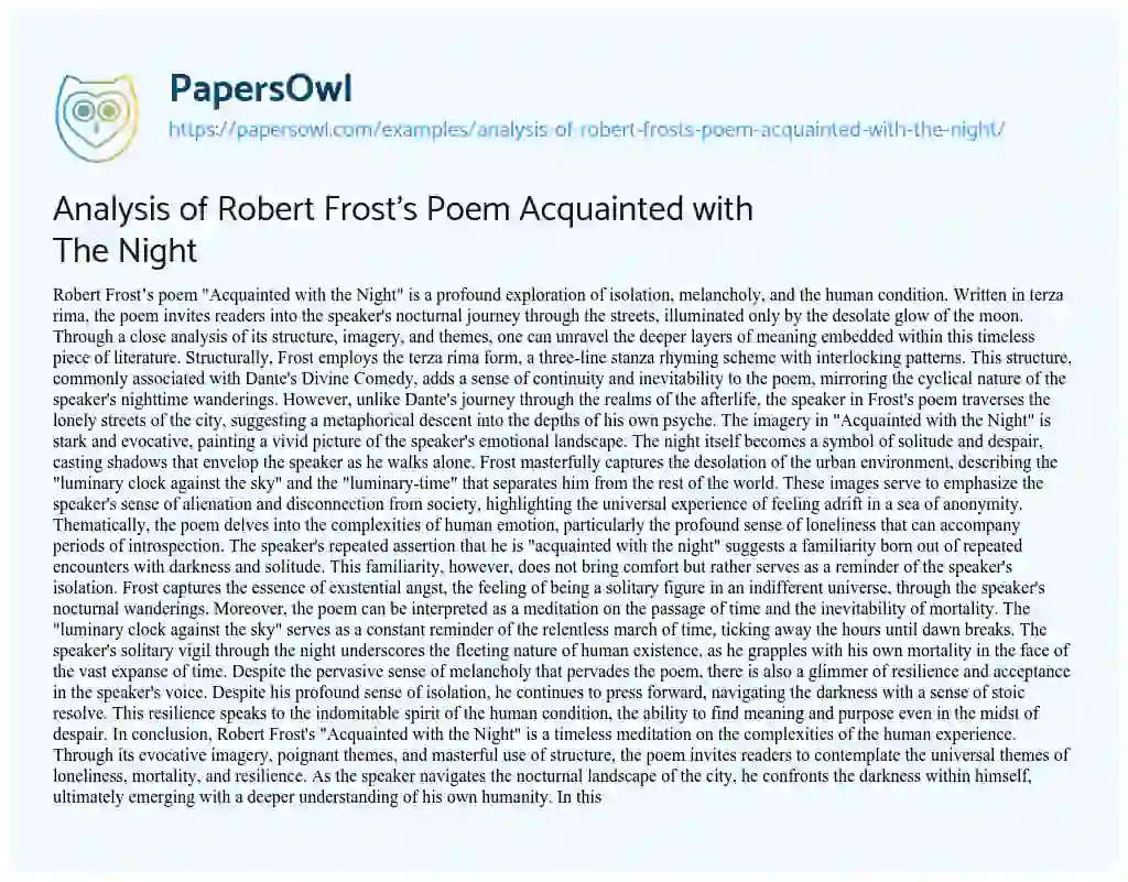Essay on Analysis of Robert Frost’s Poem Acquainted with the Night