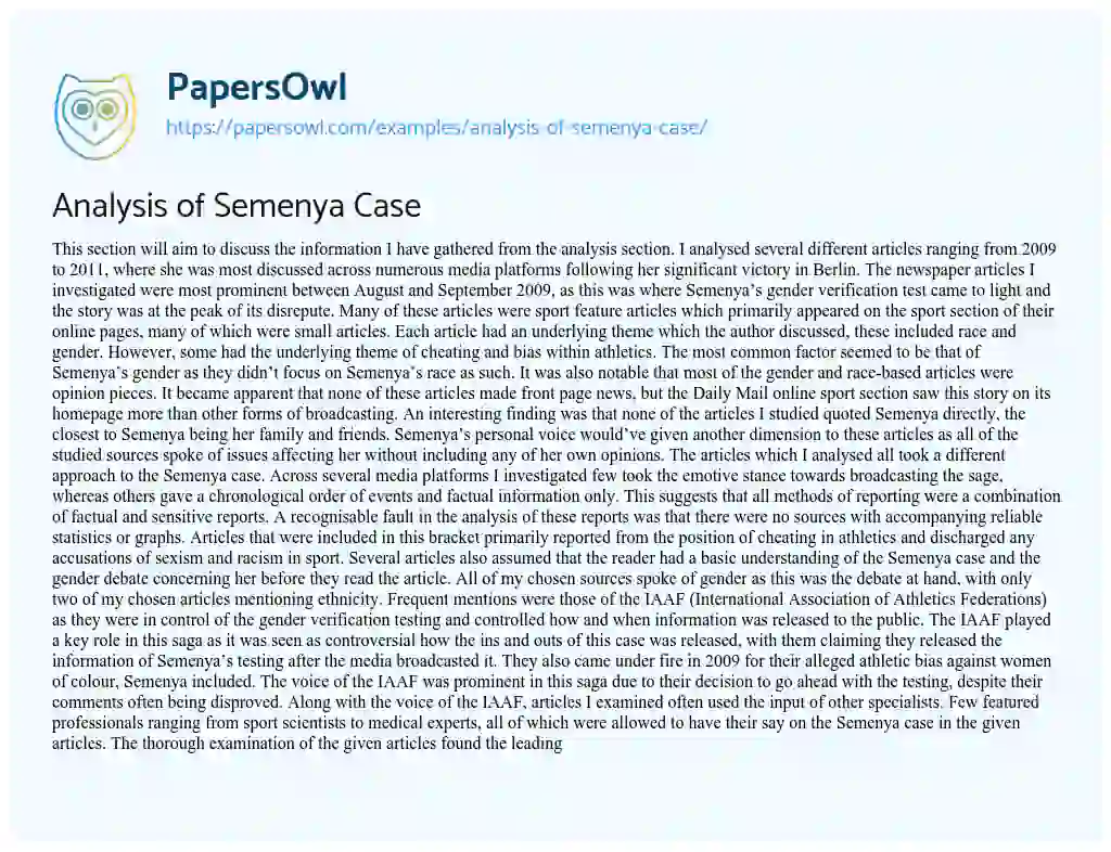 Essay on Analysis of Semenya Case