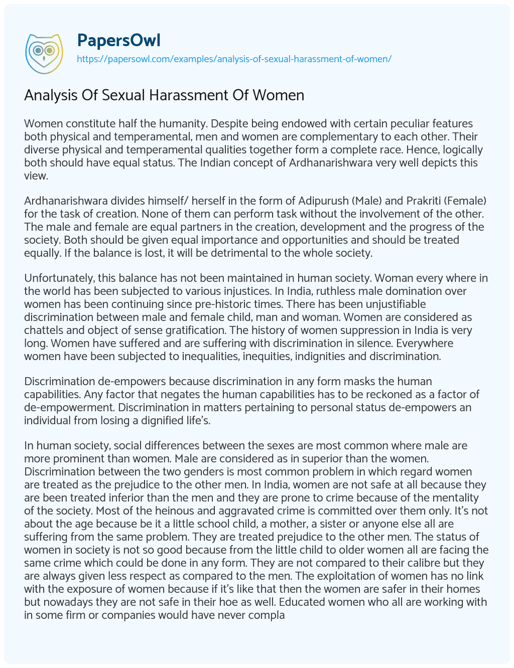 Essay on Analysis of Sexual Harassment of Women