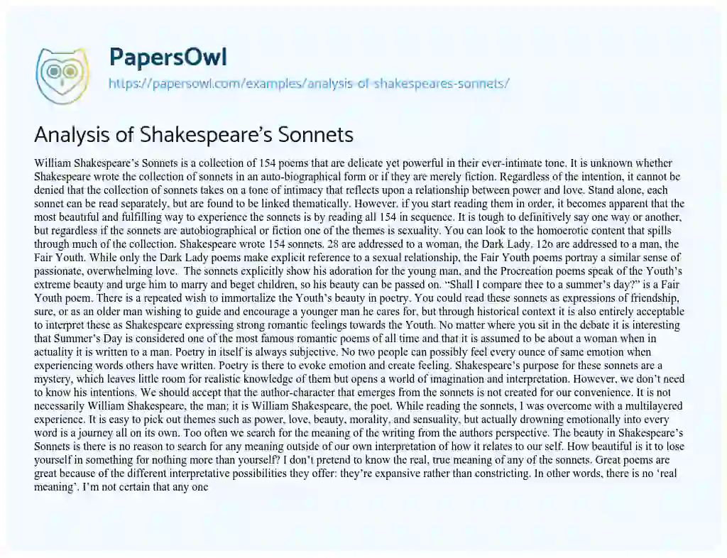 Essay on Analysis of Shakespeare’s Sonnets