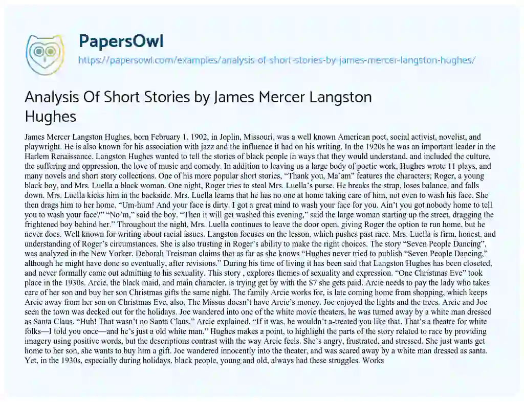 Essay on Analysis of Short Stories by James Mercer Langston Hughes