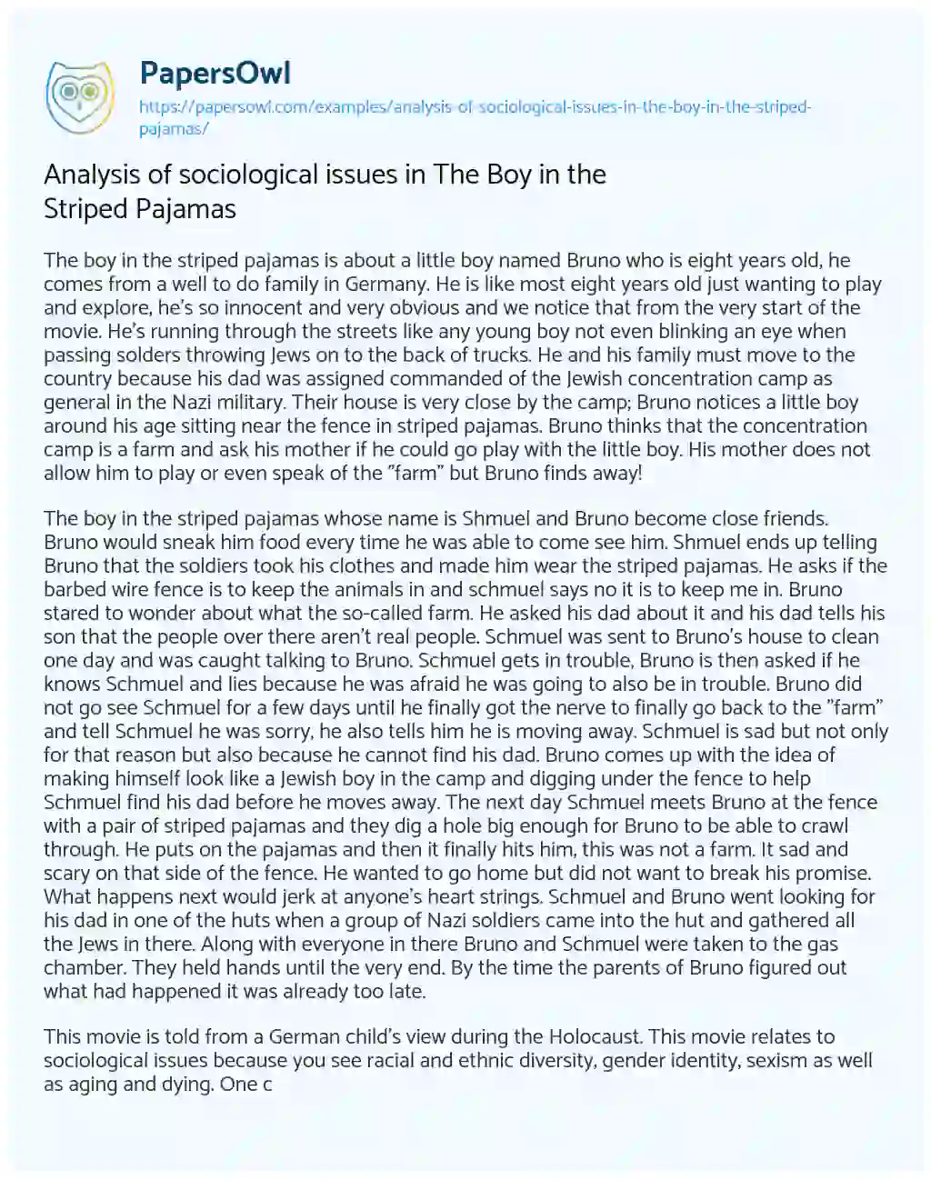 Toezicht houden Gestreept bericht Analysis of sociological issues in The Boy in the Striped Pajamas - Free  Essay Example - 673 Words | PapersOwl.com